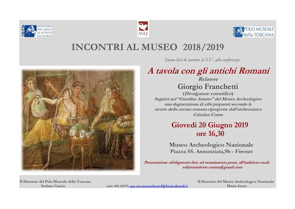 Firenze – MAF Museo Archeologico di Firenze. Incontri al museo 2018 – 2019 “A tavola con gli antichi Romani”