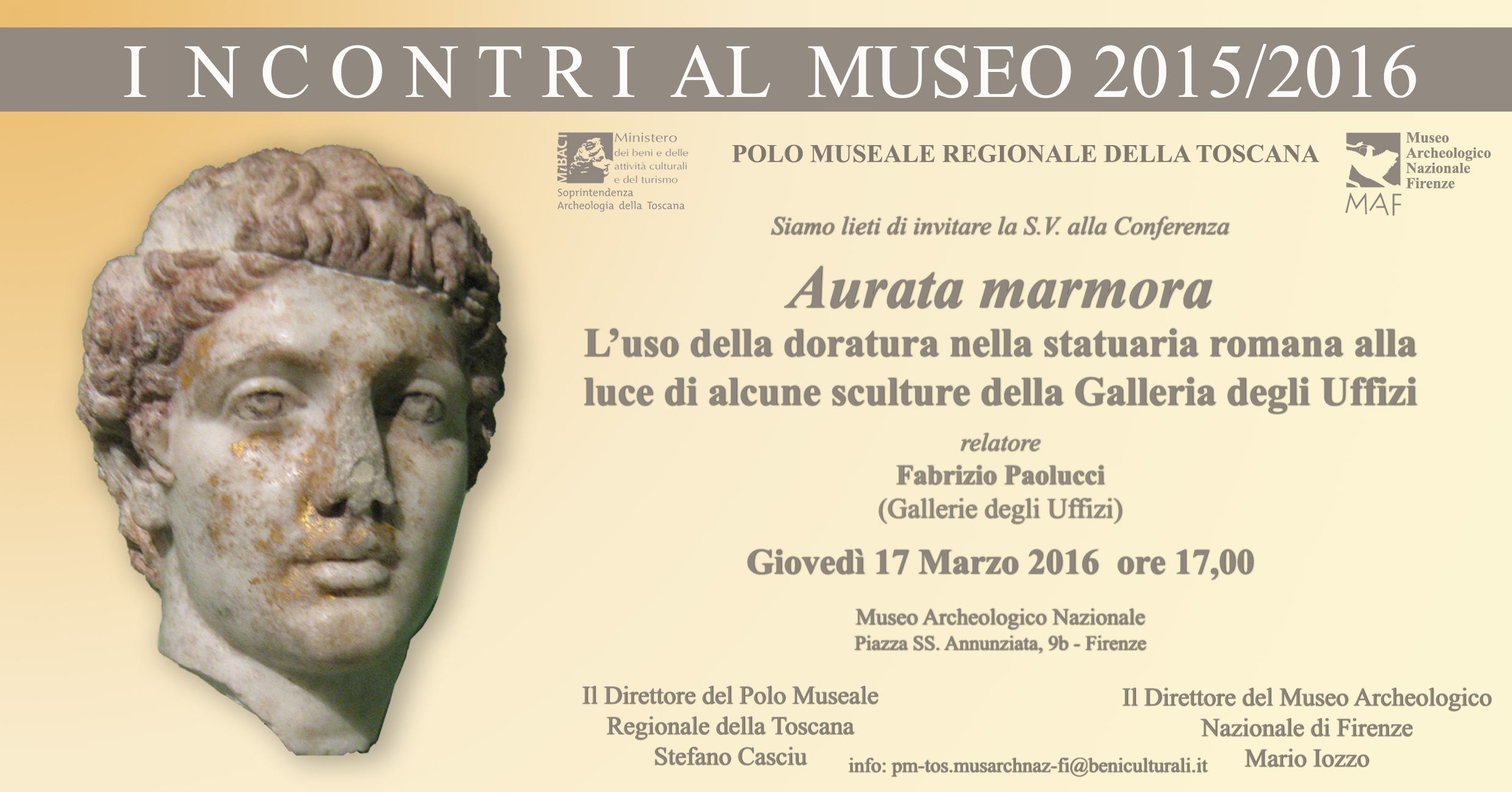 Incontri al museo. Fabrizio Paolucci: Aurata marmora. L%u2019uso della doratura nella statuaria romana alla luce di alcune sculture della Galleria degli Uffizi.